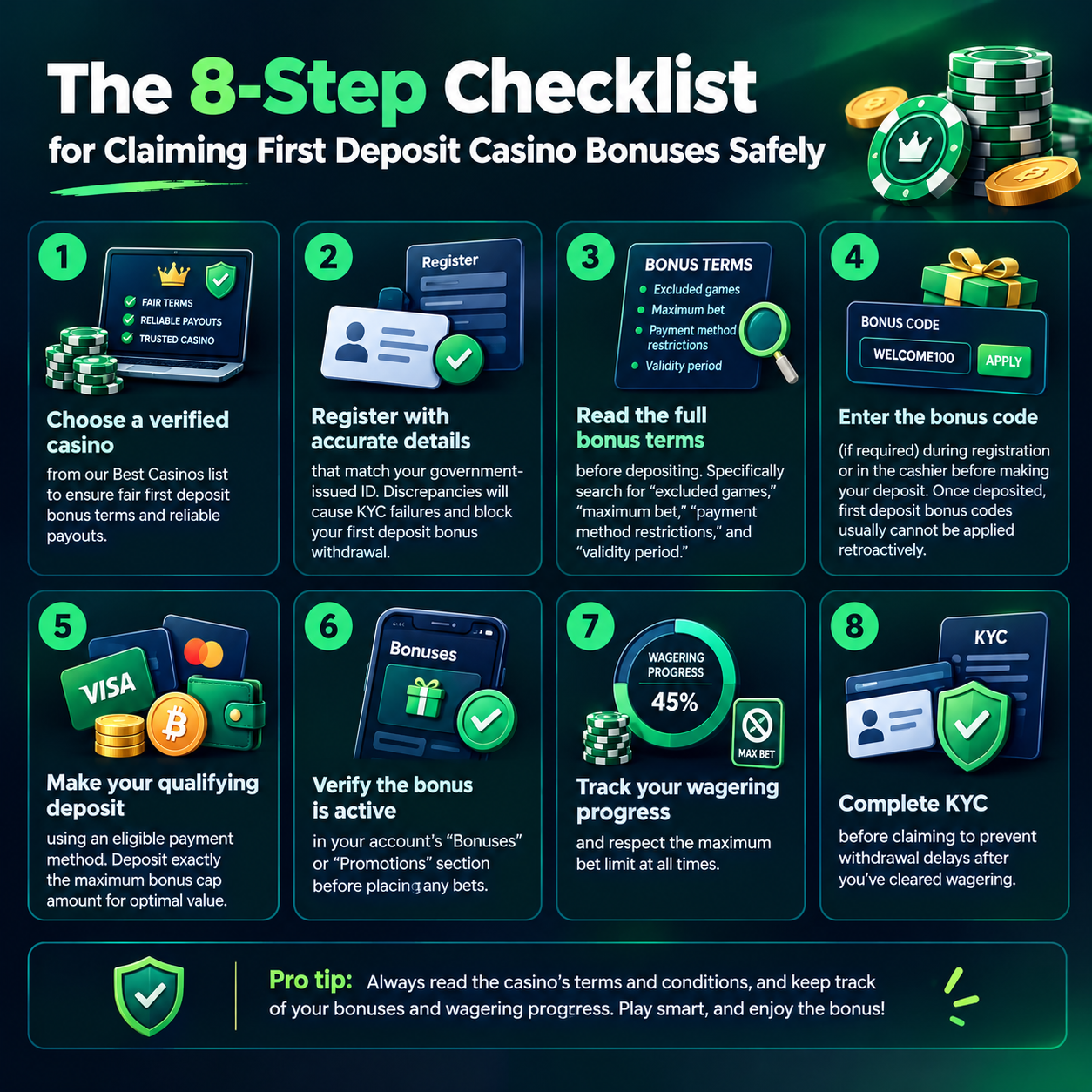 Checklist infographic for claiming first deposit casino bonuses safely
